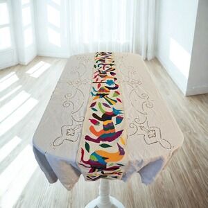 Vtg Mexican Otomi Tenango Hand Embroidery Table Runner 74"x9" Whimsy Boho Bright